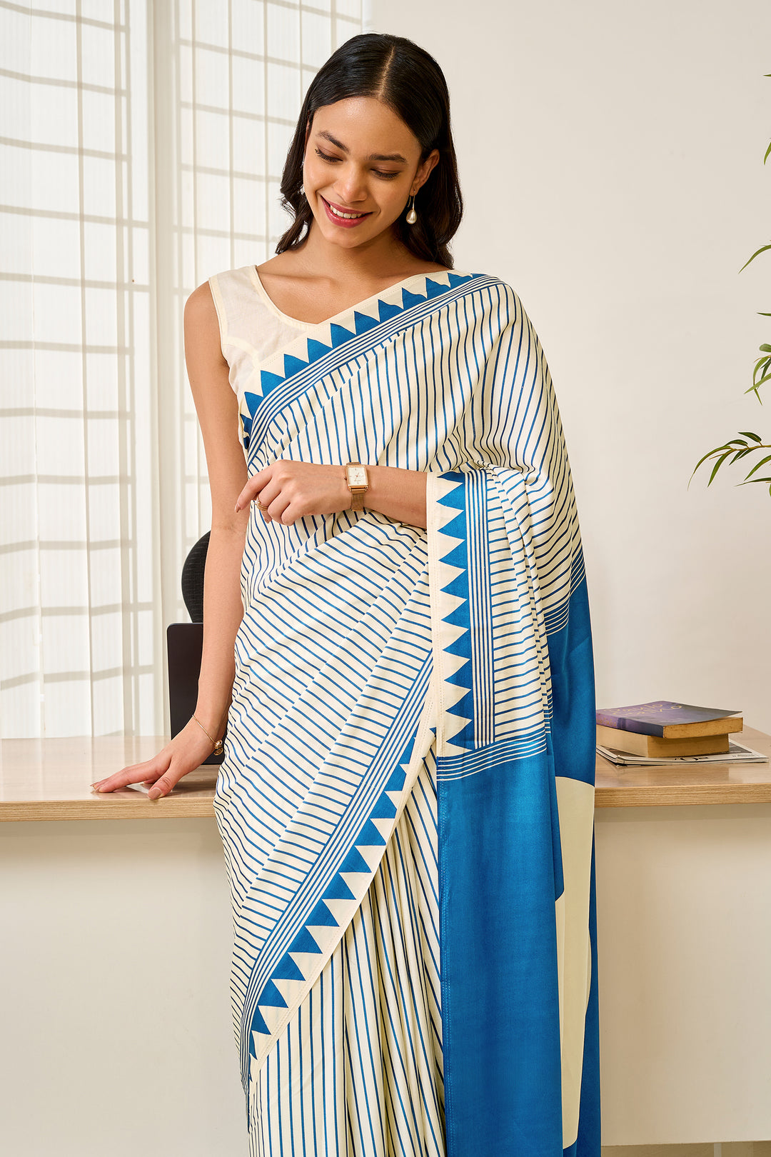 Teejh Kira Cream and Teal Digital Print Modal Silk Saree