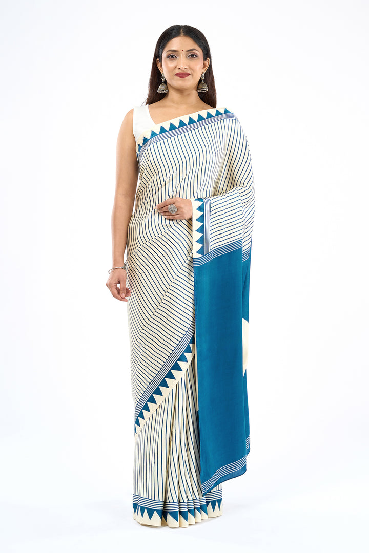 Teejh Kira Cream and Teal Digital Print Modal Silk Saree