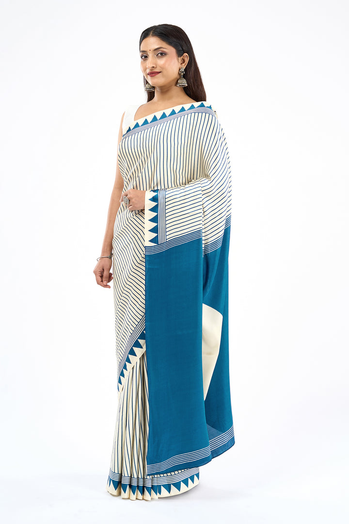 Teejh Kira Cream and Teal Digital Print Modal Silk Saree