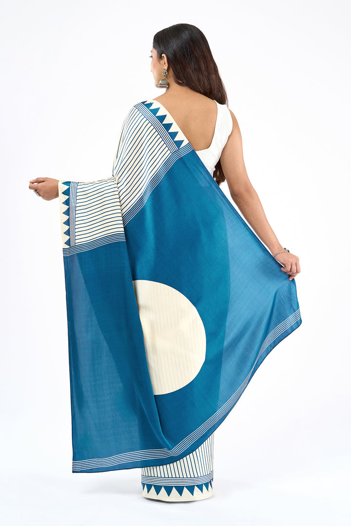 Teejh Kira Cream and Teal Digital Print Modal Silk Saree