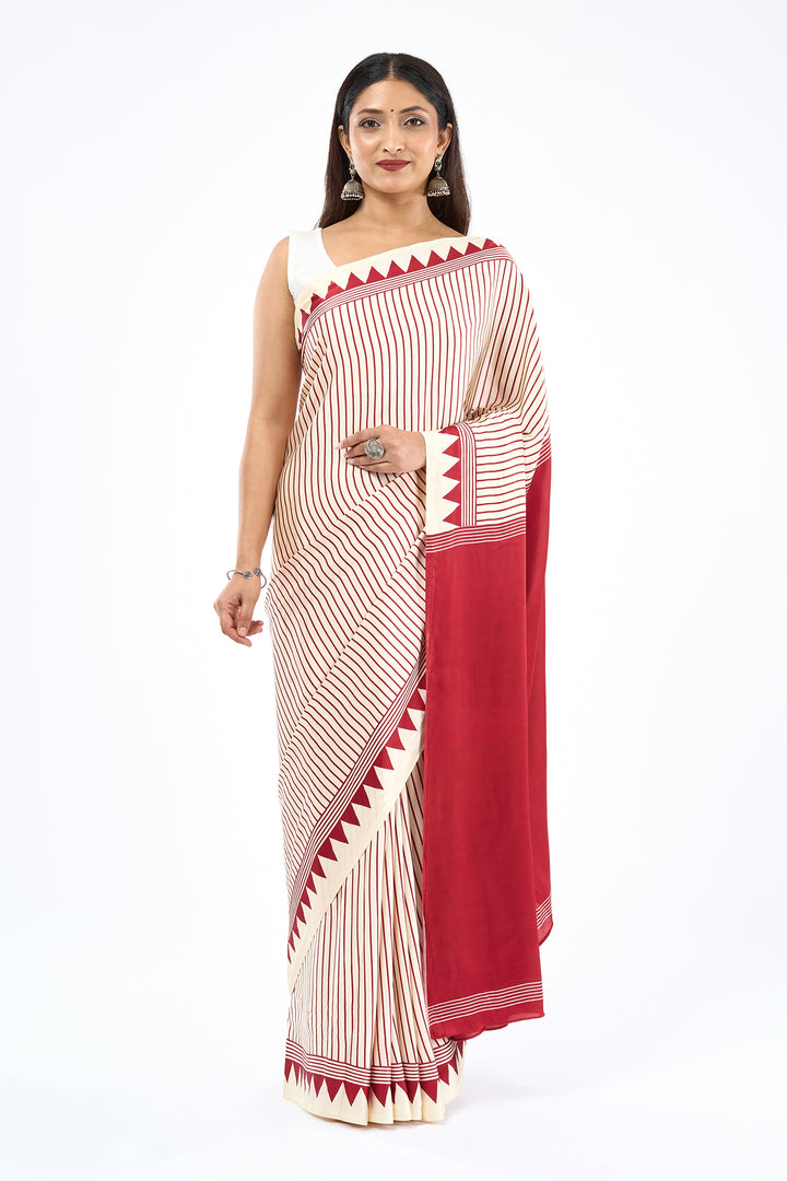 Teejh Zirah Cream and Red Digital Print Modal Silk Saree