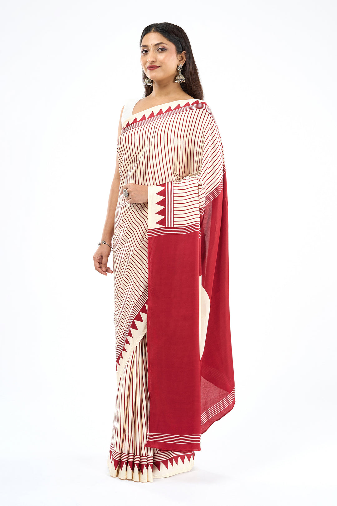 Teejh Zirah Cream and Red Digital Print Modal Silk Saree