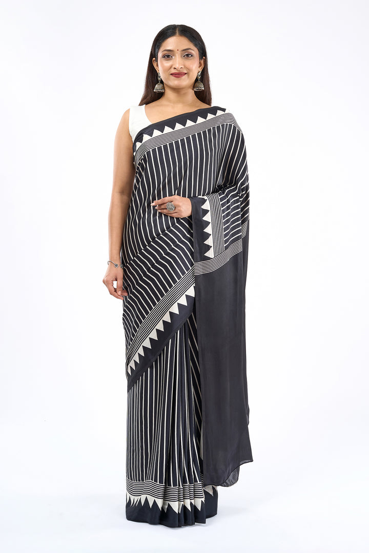 Teejh Isra Black and Cream Digital Print Modal Silk Saree