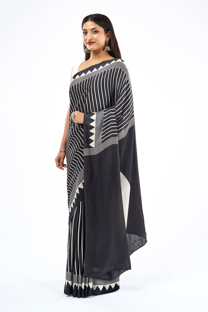 Teejh Isra Black and Cream Digital Print Modal Silk Saree