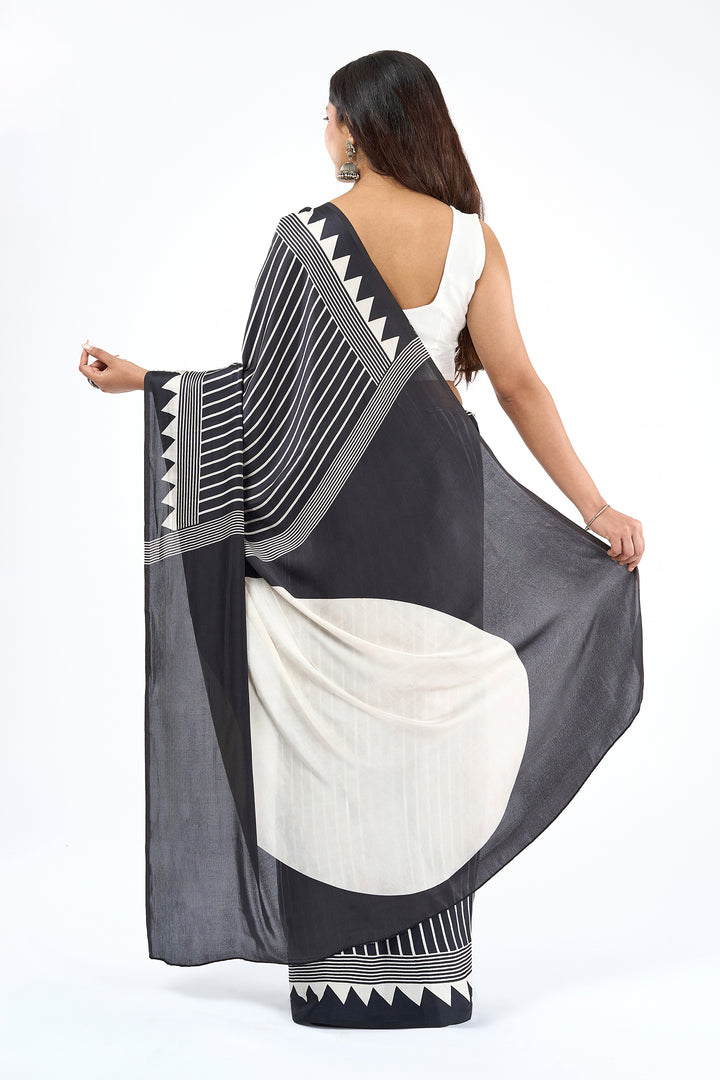 Teejh Isra Black and Cream Digital Print Modal Silk Saree