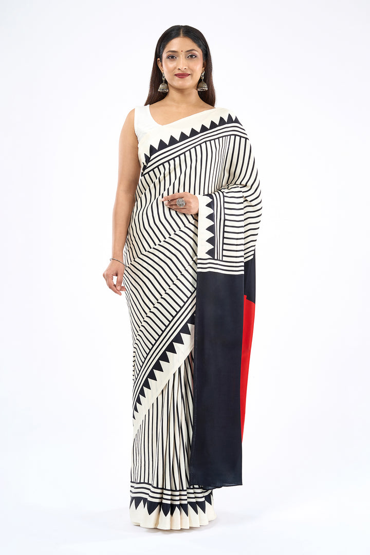 Teejh Zafna  Cream, Black and Red Digital Print Modal Silk Saree
