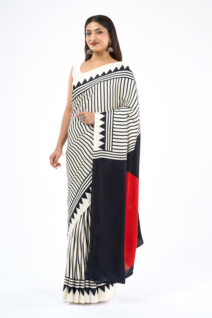 Teejh Zafna  Cream, Black and Red Digital Print Modal Silk Saree
