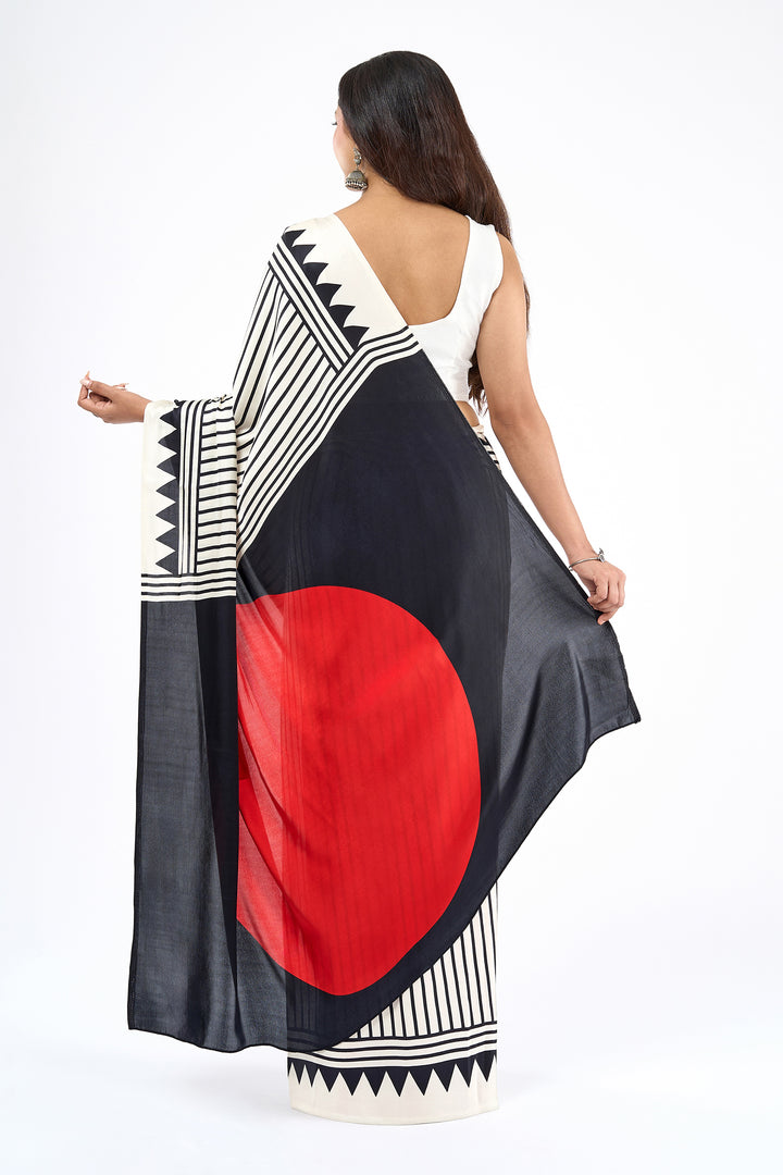 Teejh Zafna  Cream, Black and Red Digital Print Modal Silk Saree