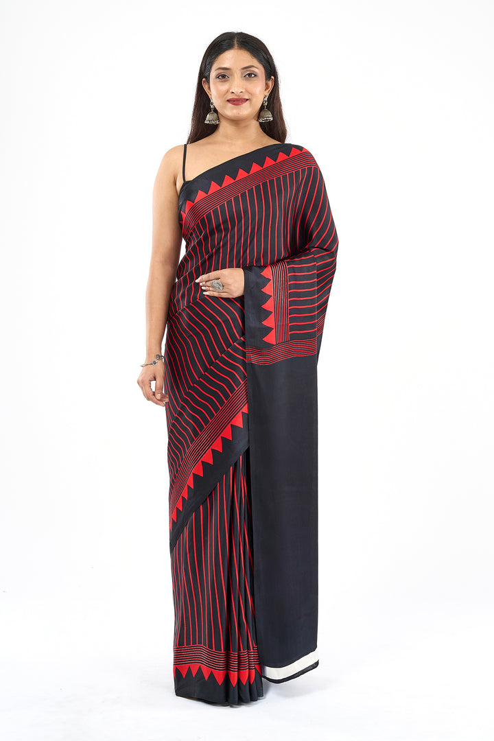 Teejh Velu  Red and Black Digital Print Modal Silk Saree