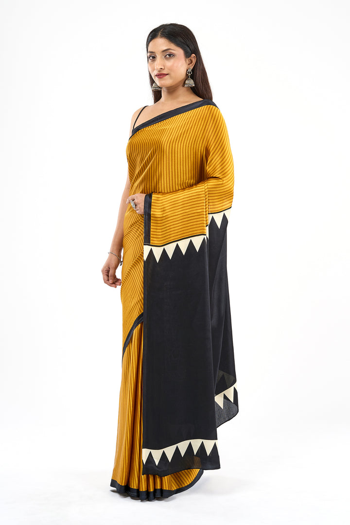 Teejh Nira Mustard and Black Digital Print Modal Silk Saree