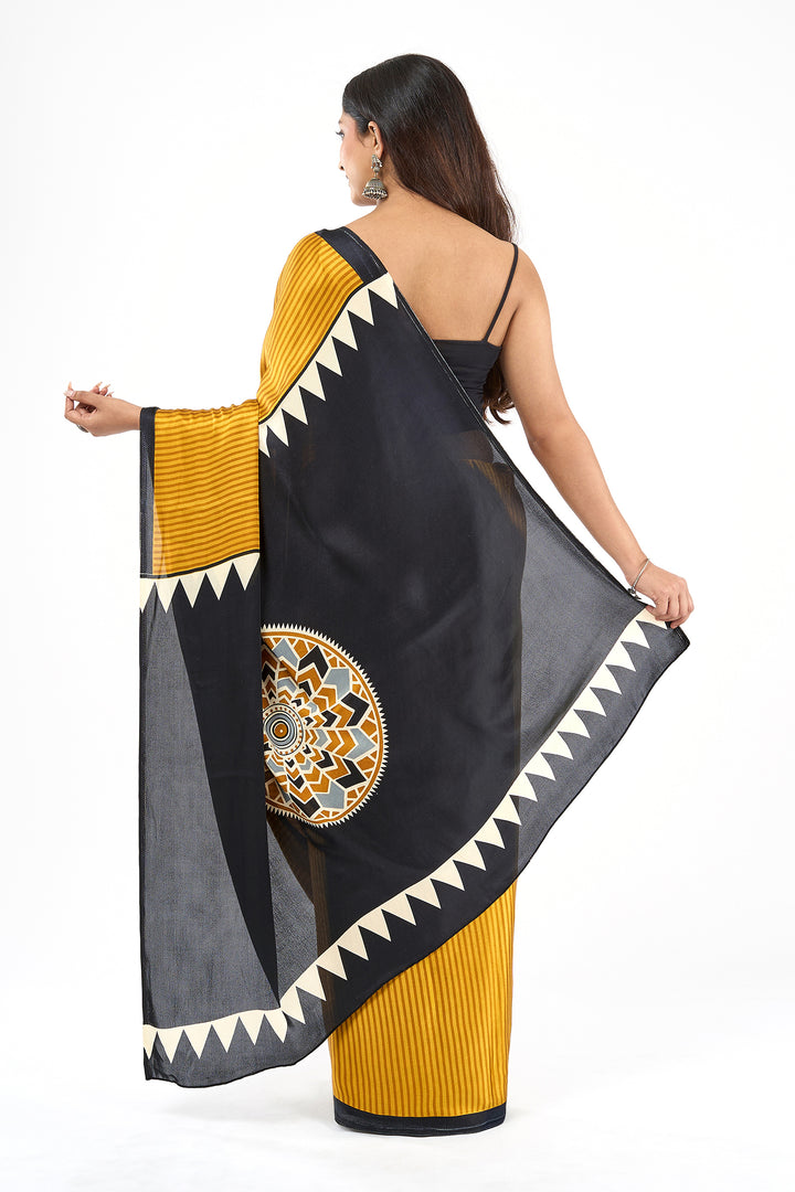 Teejh Nira Mustard and Black Digital Print Modal Silk Saree