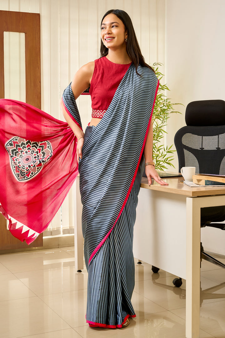 Teejh Niha  Grey and Red Digital Print Modal Silk Saree