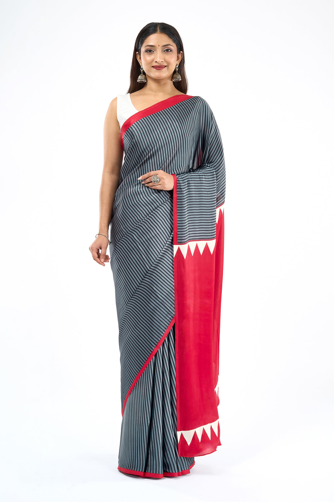 Teejh Niha  Grey and Red Digital Print Modal Silk Saree