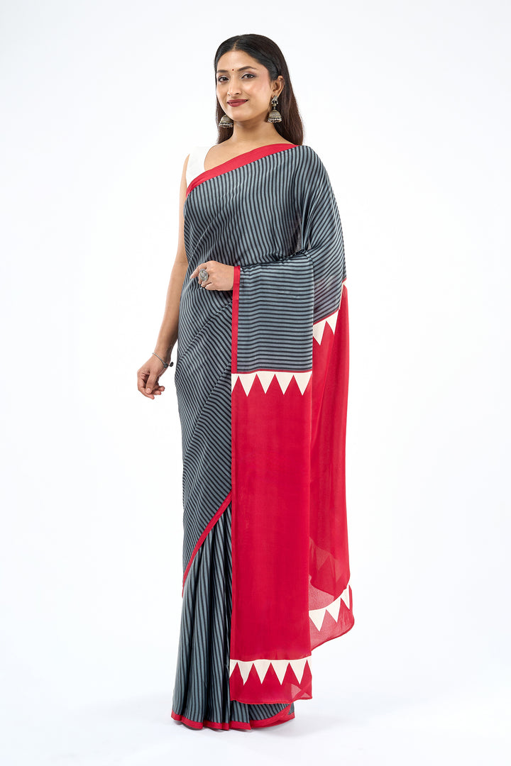 Teejh Niha  Grey and Red Digital Print Modal Silk Saree