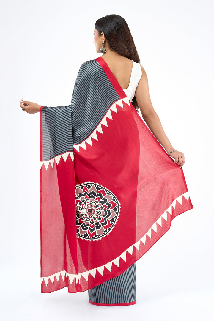 Teejh Niha  Grey and Red Digital Print Modal Silk Saree