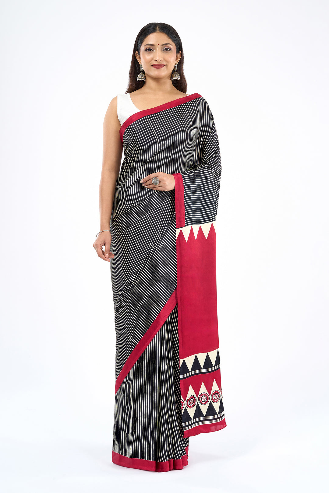 Teejh Nihala Black and Red Digital Print Modal Silk Saree