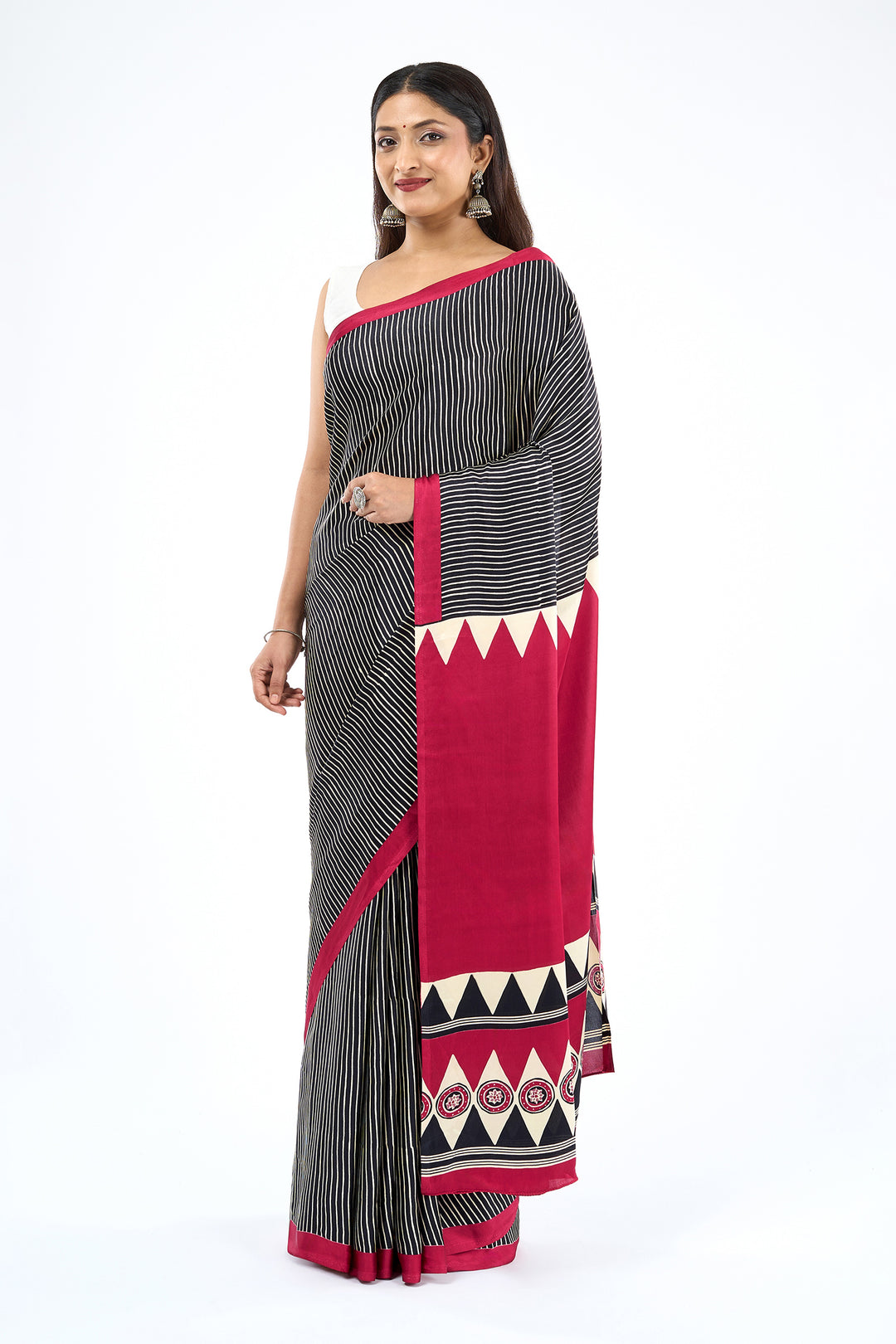 Teejh Nihala Black and Red Digital Print Modal Silk Saree