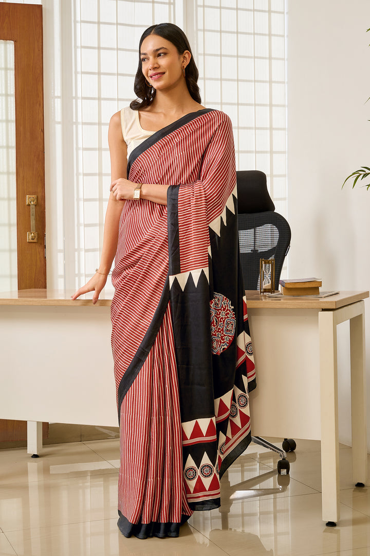 Teejh Preshka Red and Black Digital Print Modal Silk Saree