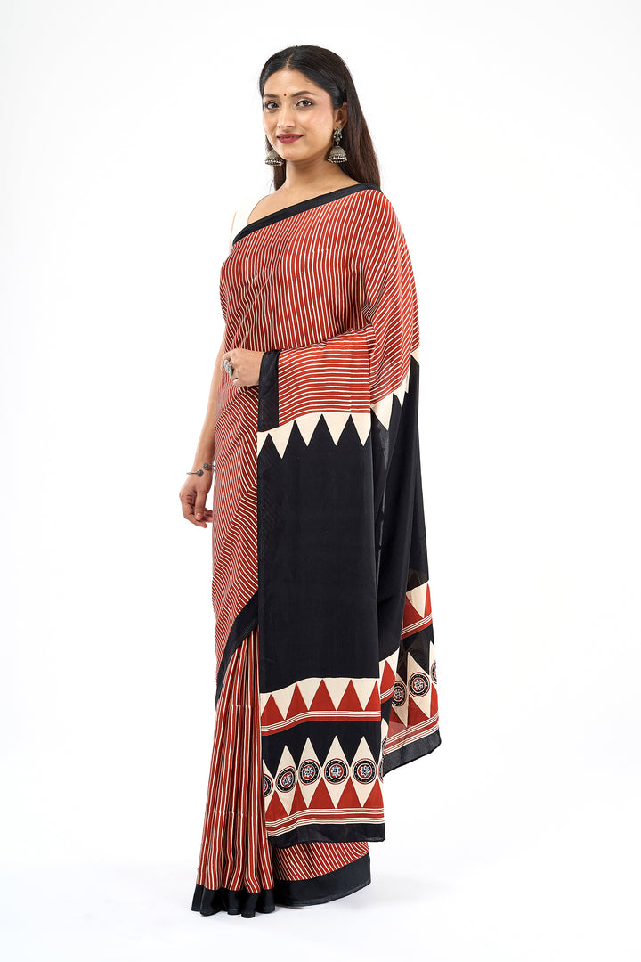 Teejh Preshka Red and Black Digital Print Modal Silk Saree