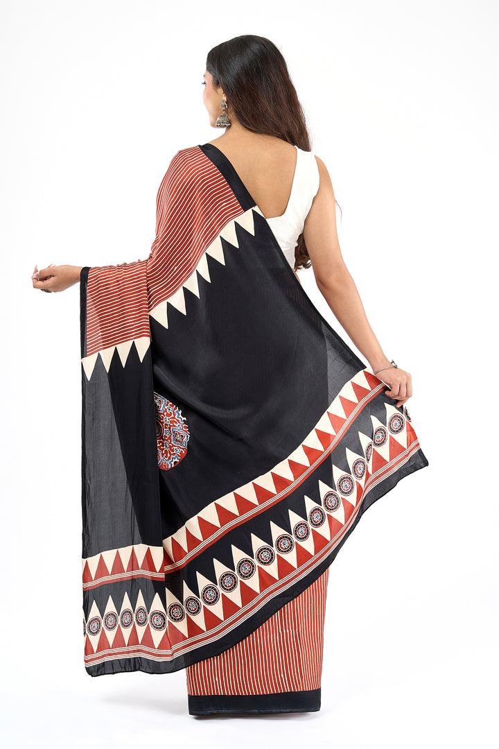 Teejh Preshka Red and Black Digital Print Modal Silk Saree