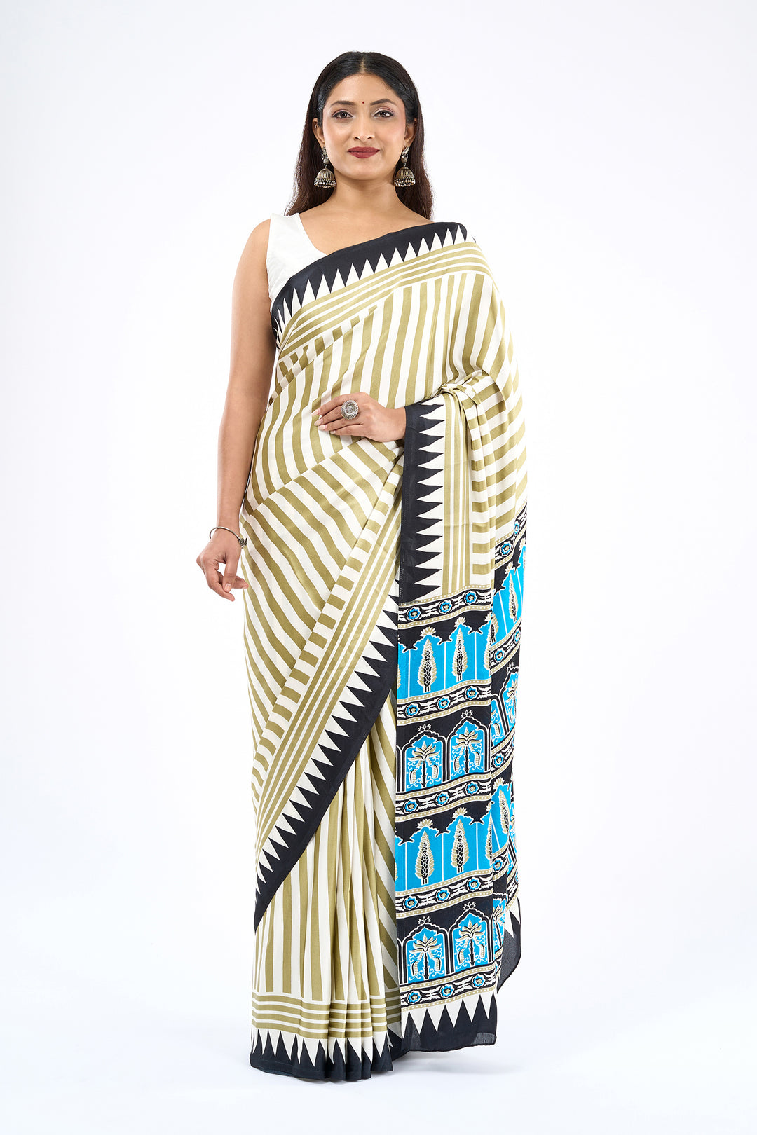 Teejh Rayza Off white, Sage and blue Digital Print Modal Silk Saree