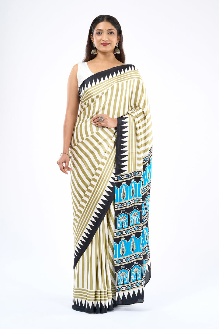 Teejh Rayza Off white, Sage and blue Digital Print Modal Silk Saree