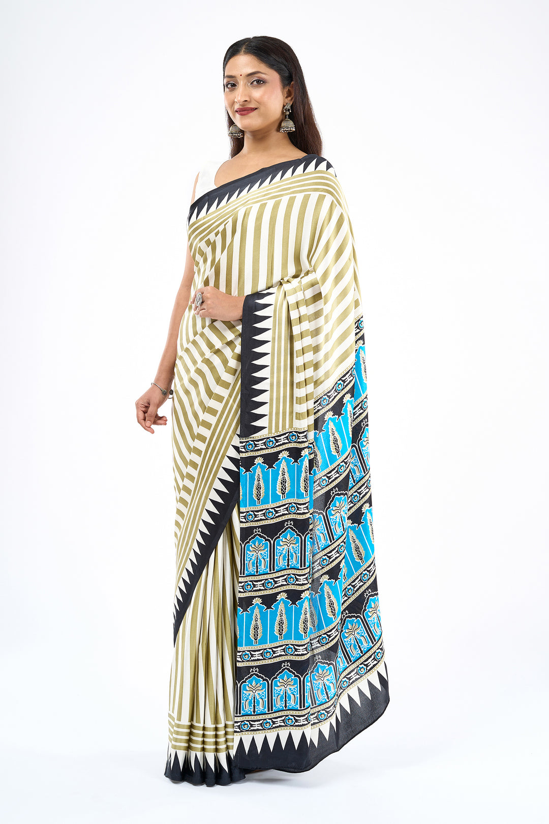 Teejh Rayza Off white, Sage and blue Digital Print Modal Silk Saree