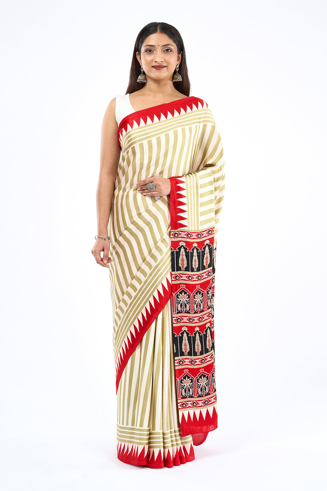 Teejh Rayza Off white, Sage and Red Digital Print Modal Silk Saree