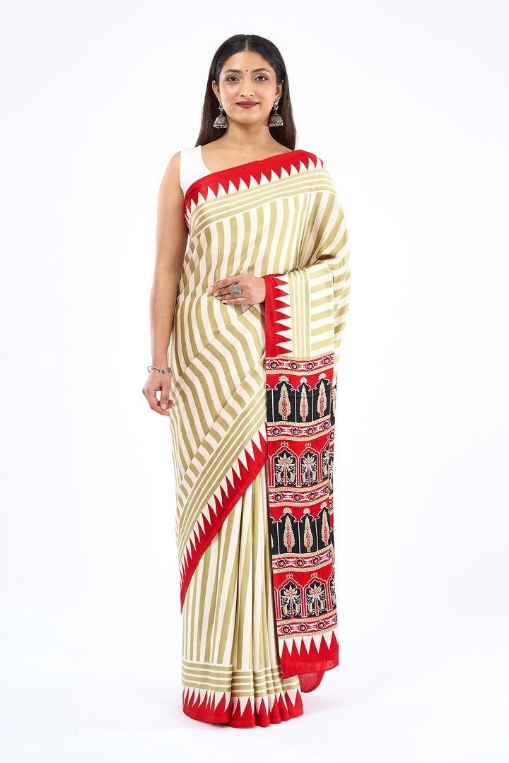Teejh Rayza Off white, Sage and Red Digital Print Modal Silk Saree