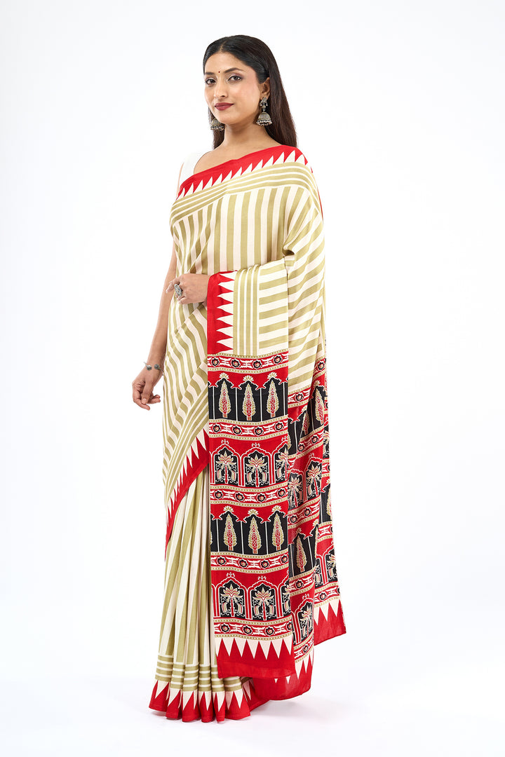 Teejh Rayza Off white, Sage and Red Digital Print Modal Silk Saree
