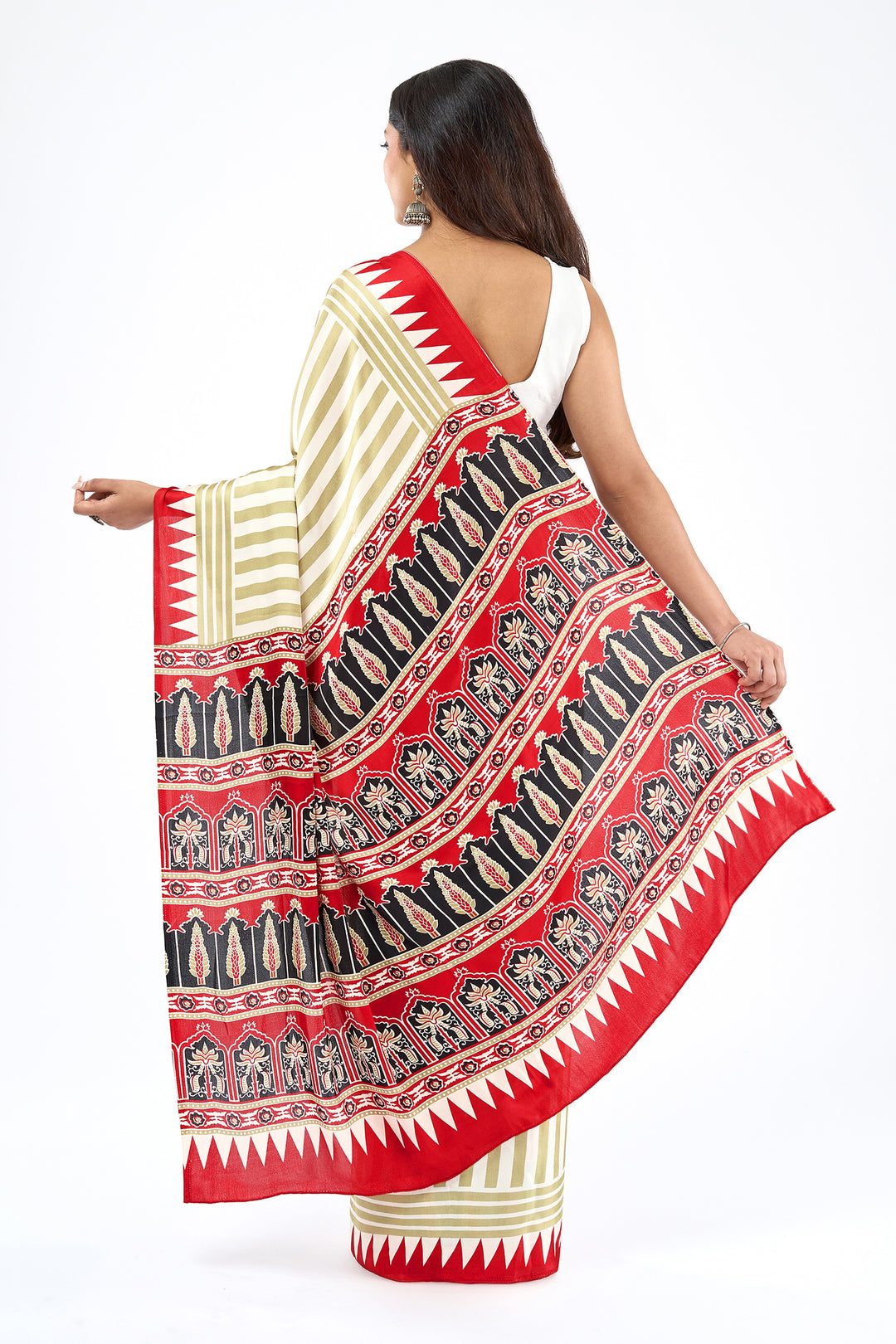 Teejh Rayza Off white, Sage and Red Digital Print Modal Silk Saree