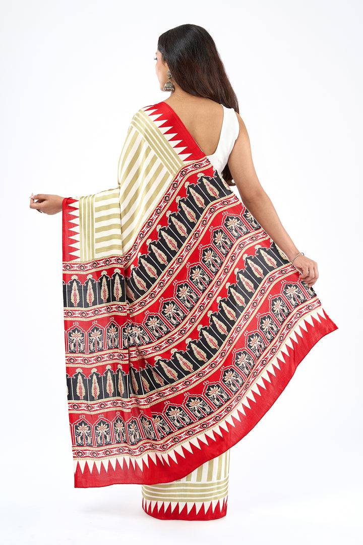 Teejh Rayza Off white, Sage and Red Digital Print Modal Silk Saree