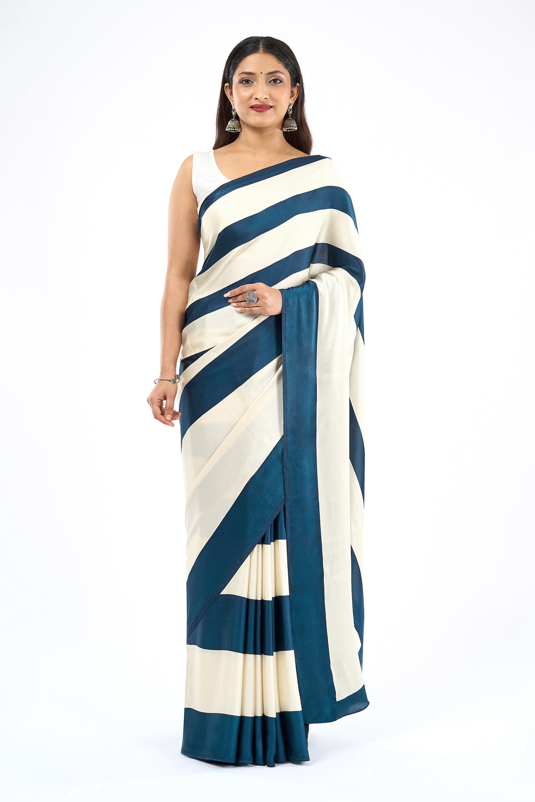 Teejh Aroka White and Navy Blue Digital Print Modal Silk Saree