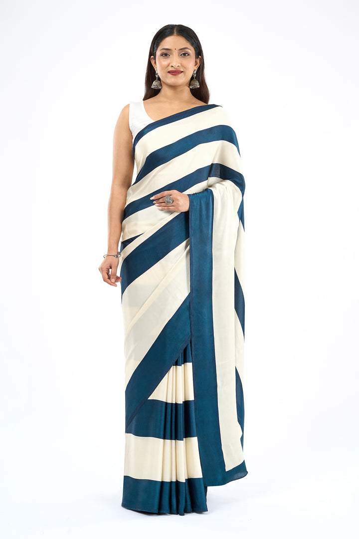 Teejh Aroka White and Navy Blue Digital Print Modal Silk Saree