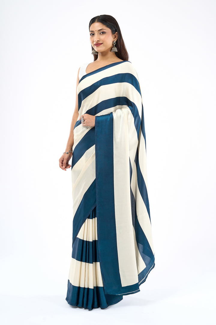 Teejh Aroka White and Navy Blue Digital Print Modal Silk Saree