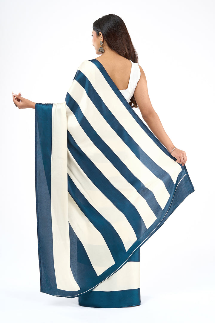 Teejh Aroka White and Navy Blue Digital Print Modal Silk Saree