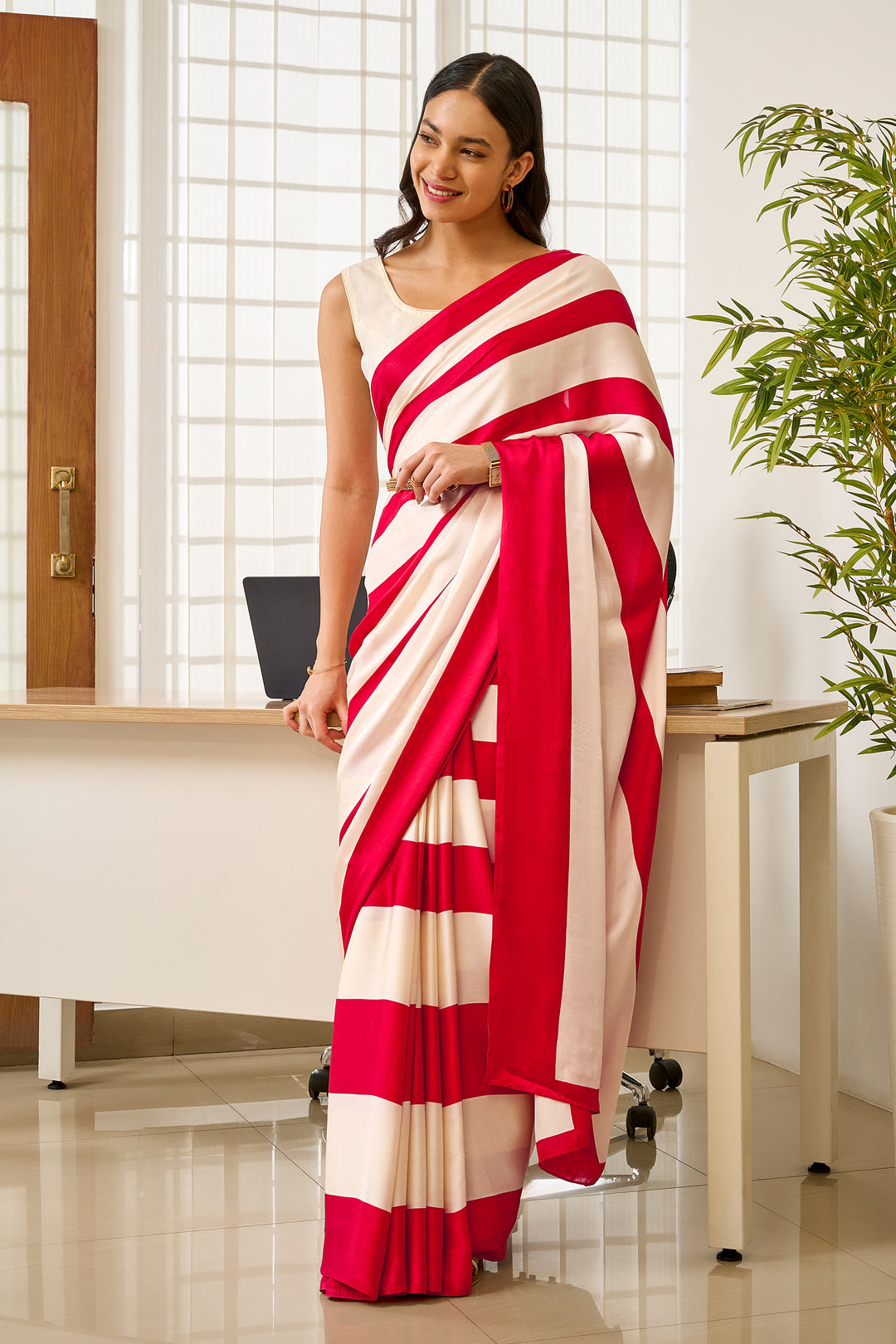 Teejh Aroka cream and Red Digital Print Modal Silk Saree