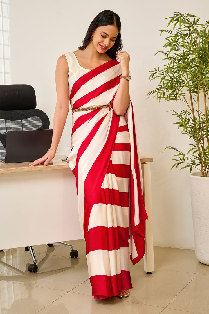 Teejh Aroka cream and Red Digital Print Modal Silk Saree