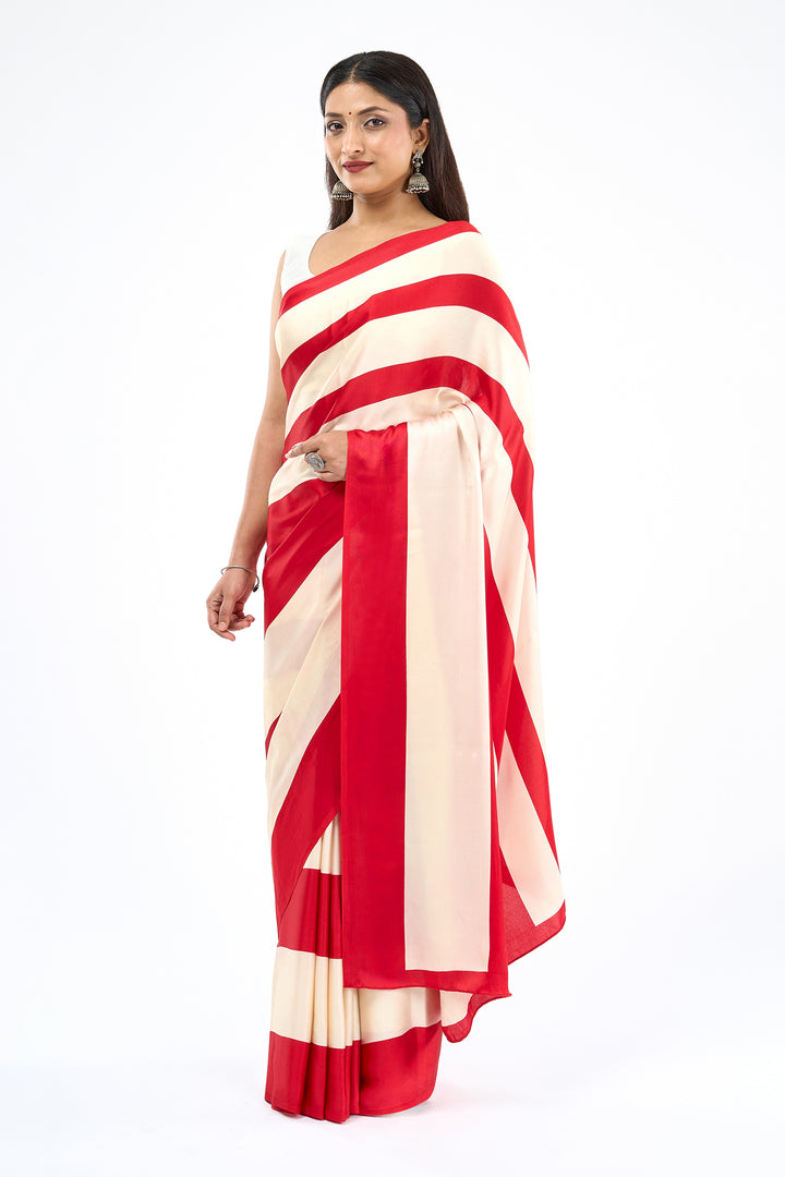 Teejh Aroka cream and Red Digital Print Modal Silk Saree