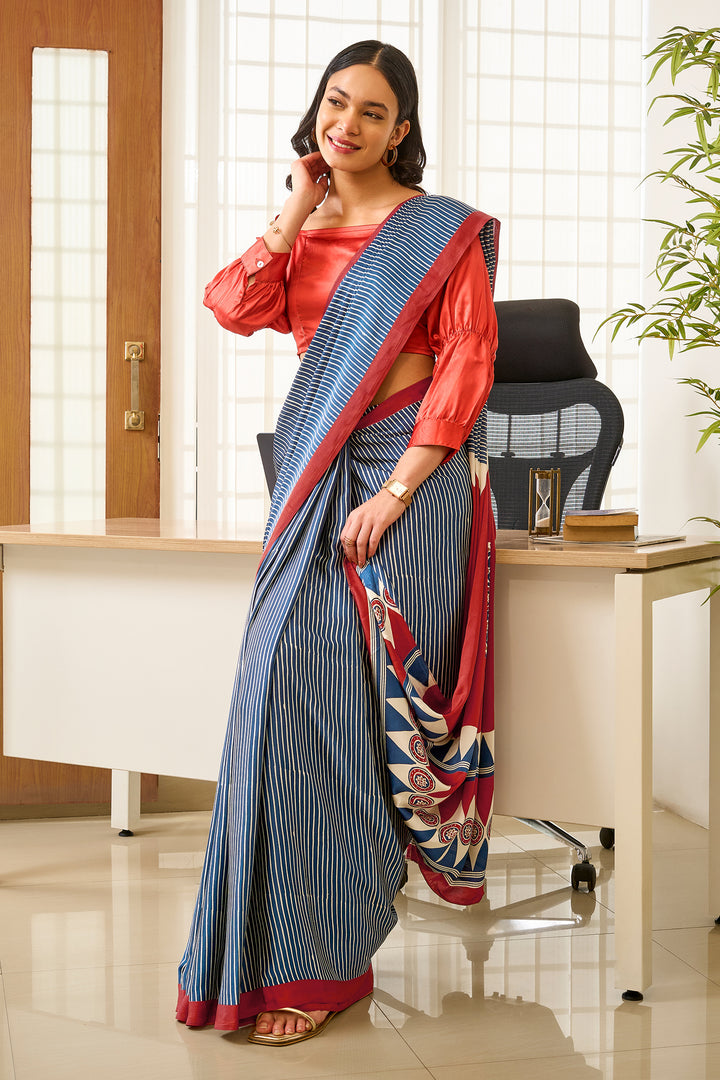 Teejh Tarni Navy and Rust Digital Print Modal Silk Saree