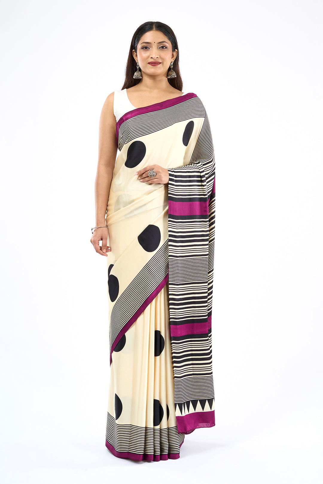 Teejh Afrina Cream, Black and Magenta Digital Print Modal Silk Saree