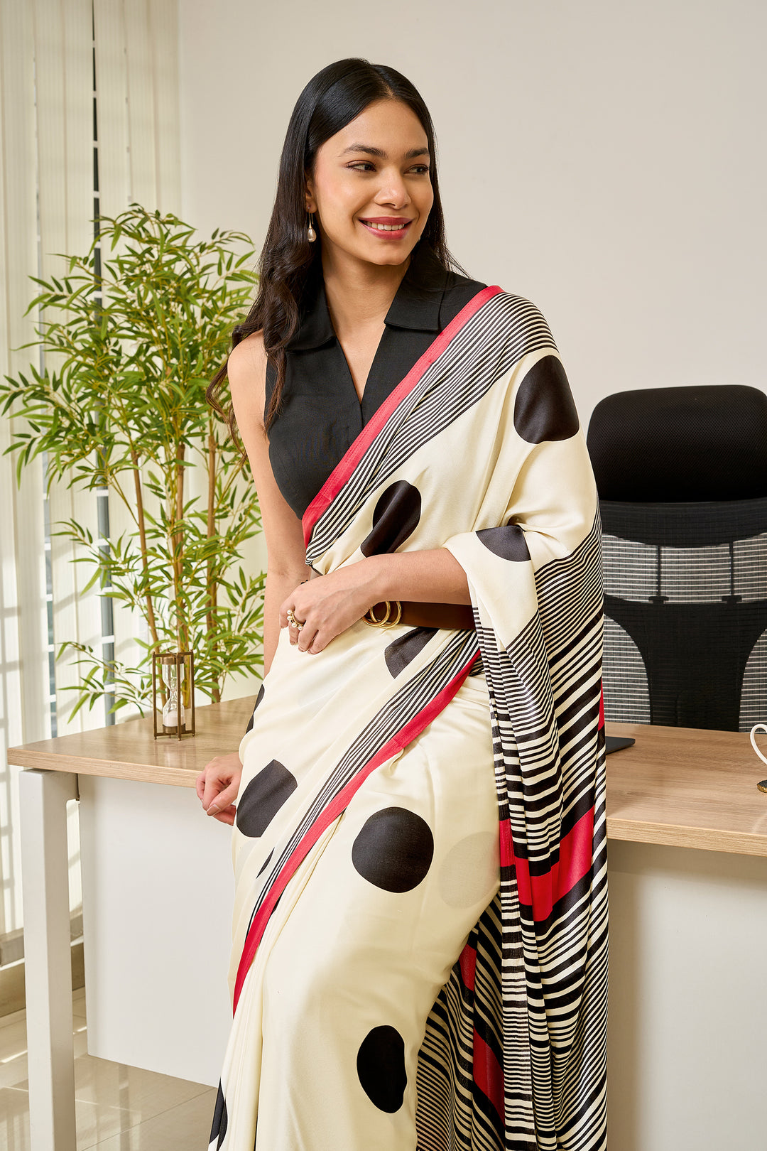 Teejh Afrina Cream, Black and Red Digital Print Modal Silk Saree