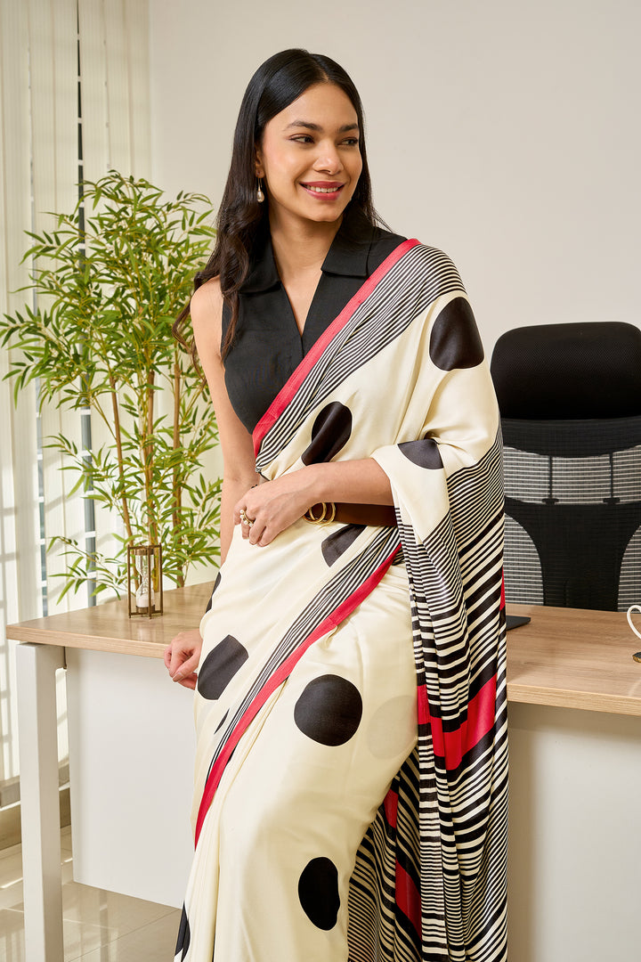 Teejh Afrina Cream, Black and Red Digital Print Modal Silk Saree