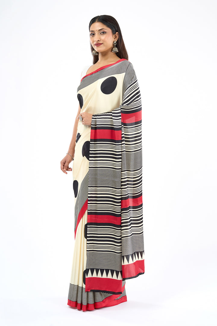 Teejh Afrina Cream, Black and Red Digital Print Modal Silk Saree