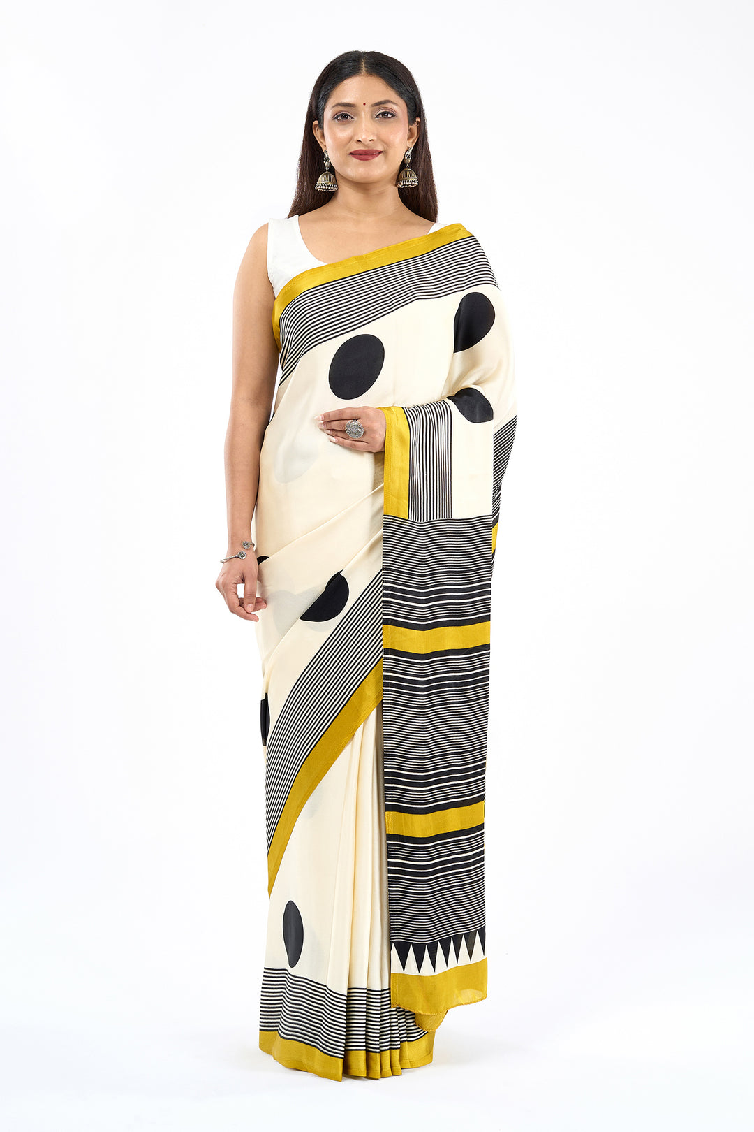 Teejh Afrina Cream, Black and Mustard Digital Print Modal Silk Saree