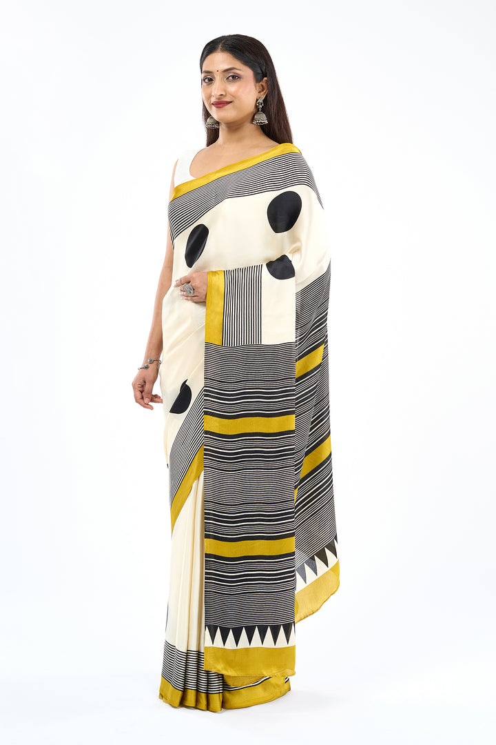 Teejh Afrina Cream, Black and Mustard Digital Print Modal Silk Saree
