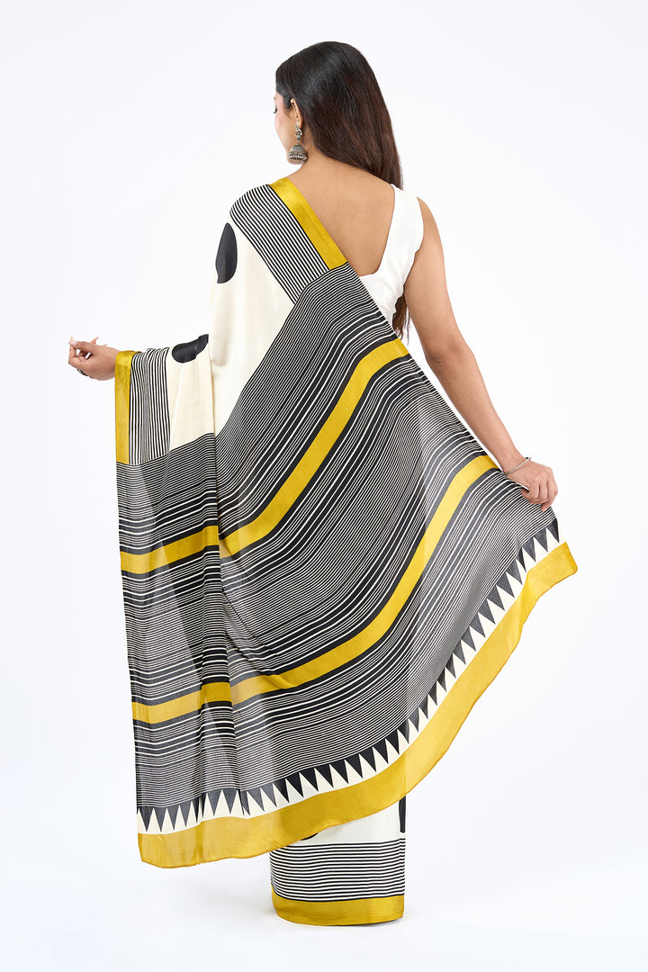 Teejh Afrina Cream, Black and Mustard Digital Print Modal Silk Saree