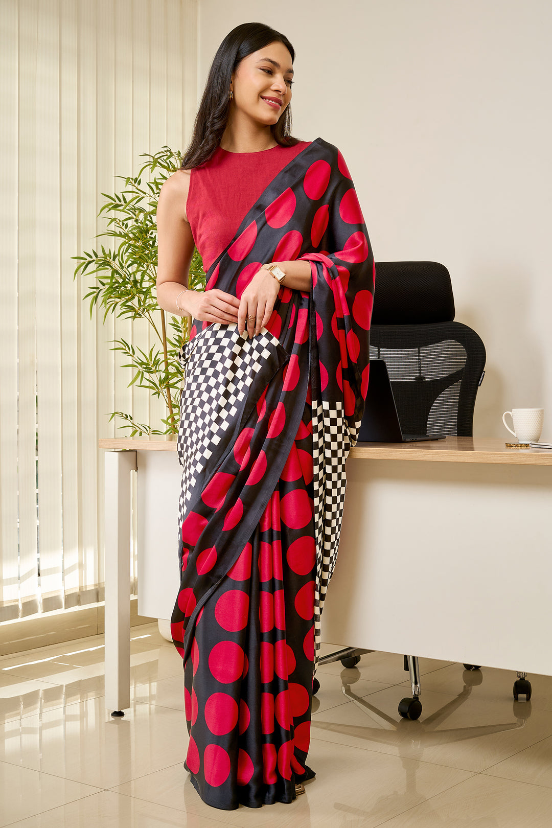 Teejh Afu Black and Red Digital Print Modal Silk Saree