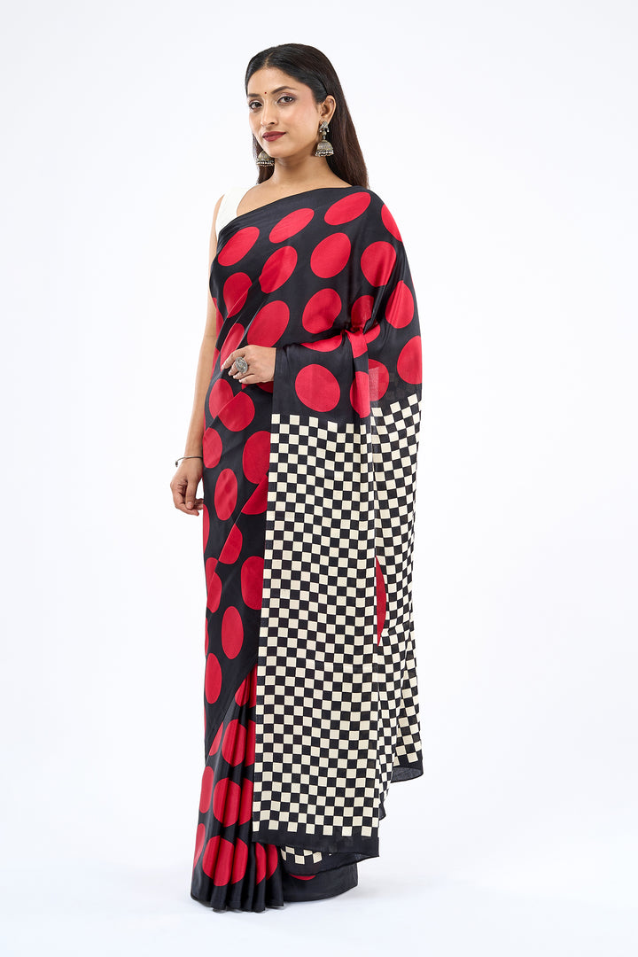 Teejh Afu Black and Red Digital Print Modal Silk Saree