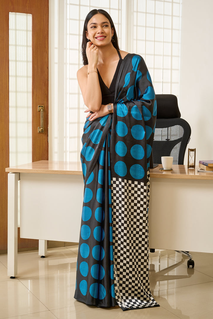 Teejh Afu Blue and Black Digital Print Modal Silk Saree